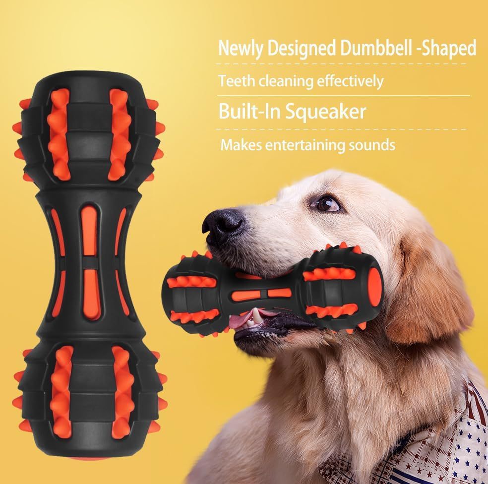 JMT-290378 Durable Dumbbell Dog Chew Toy for Medium to Large Breeds - Indestructible Squeaky Rubber for Aggressive Chewers