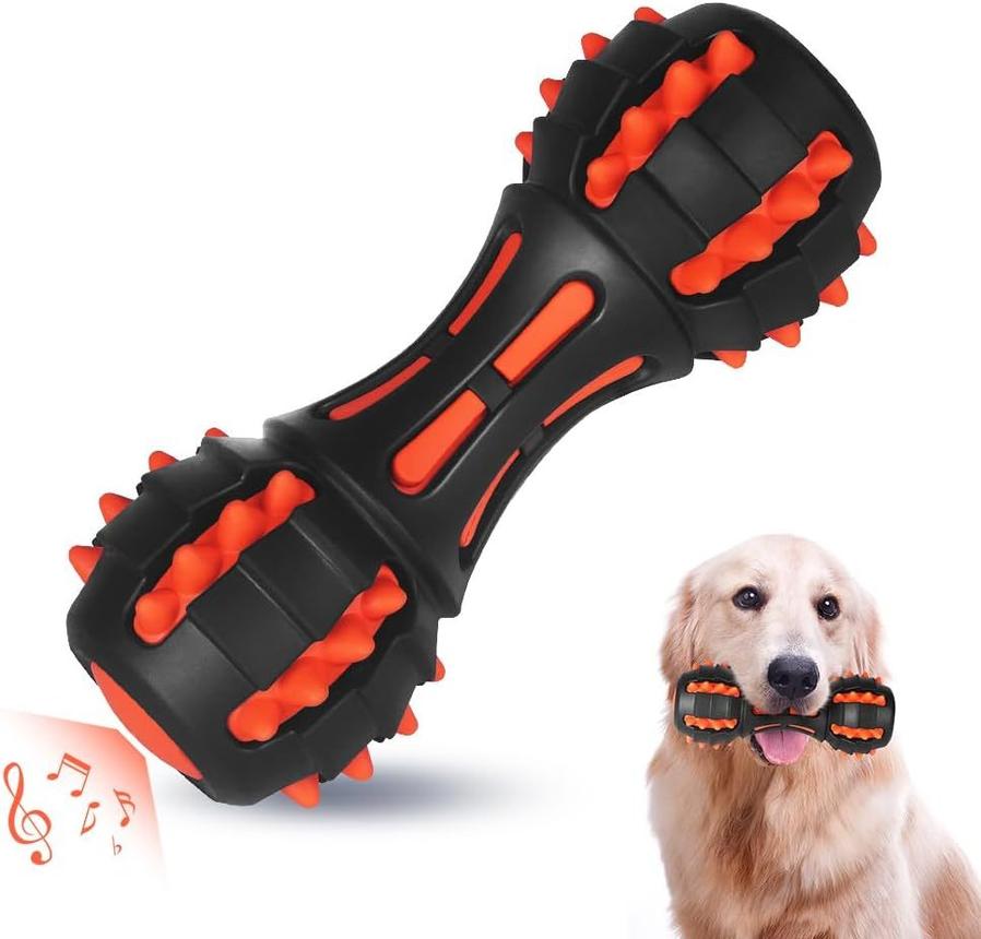 JMT-290378 Durable Dumbbell Dog Chew Toy for Medium to Large Breeds - Indestructible Squeaky Rubber for Aggressive Chewers