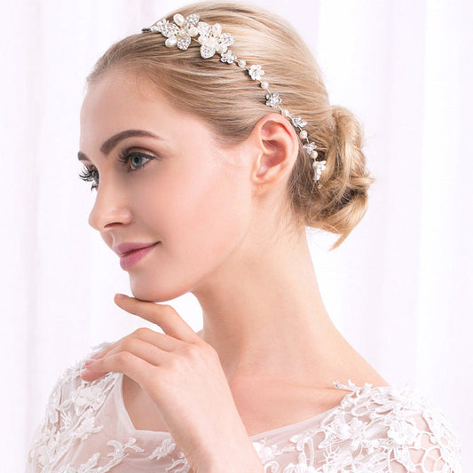 JMT-292234 Handmade Pearl Headband with Plaid Design for Women in White Color