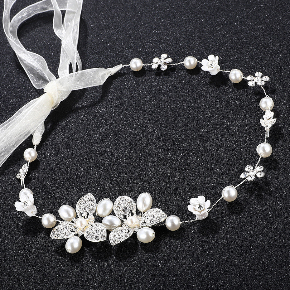 JMT-292234 Handmade Pearl Headband with Plaid Design for Women in White Color