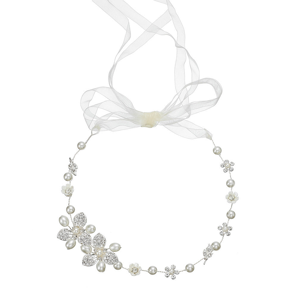 JMT-292234 Handmade Pearl Headband with Plaid Design for Women in White Color