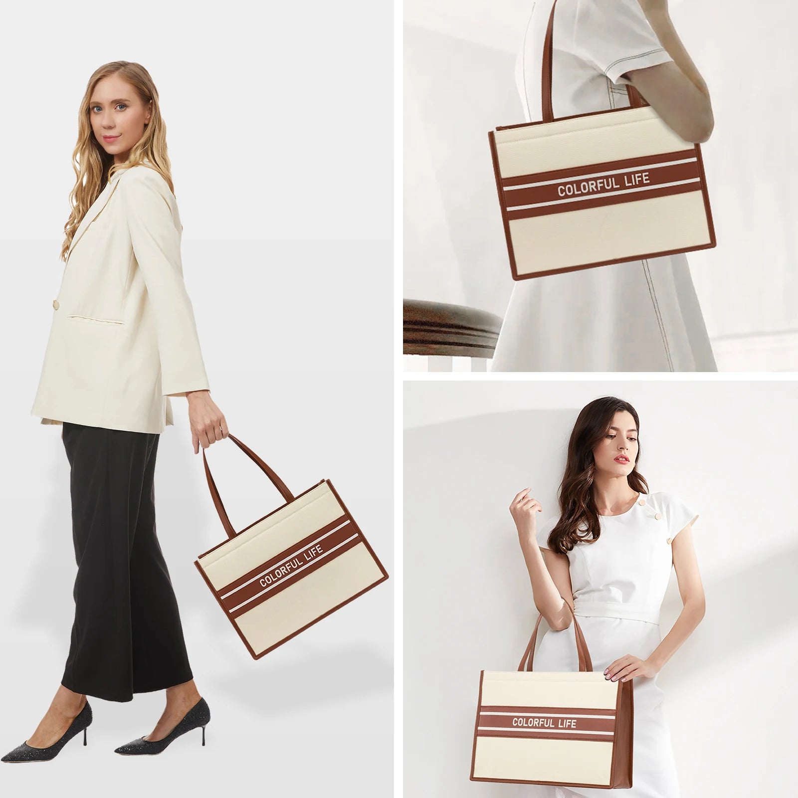 JMT-292682 Women's Canvas Tote Bag and Shoulder Bag Set with Clutch Purse - Stylish Handbags for Everyday Use