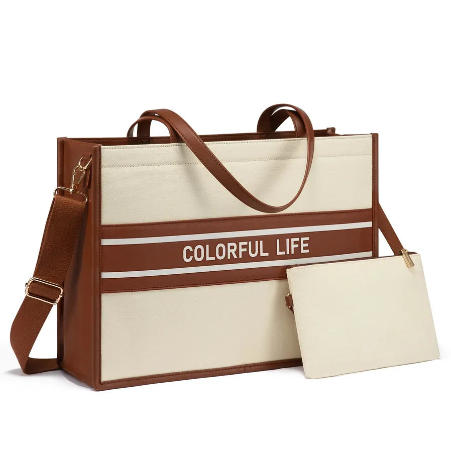 JMT-292682 Women's Canvas Tote Bag and Shoulder Bag Set with Clutch Purse - Stylish Handbags for Everyday Use