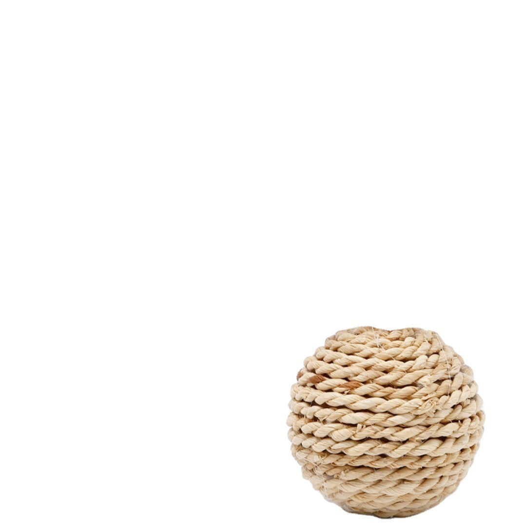 JMT-293002 Plant Straw Braided Bell and Double Ball Set for Cats - Natural Rattan with Feathers and Metal Bells