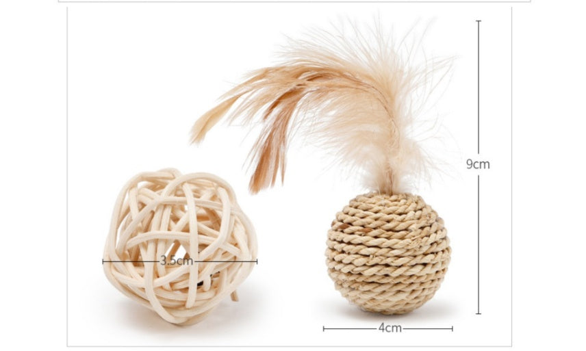 JMT-293002 Plant Straw Braided Bell and Double Ball Set for Cats - Natural Rattan with Feathers and Metal Bells