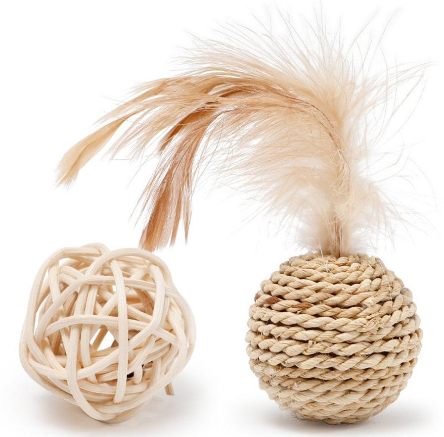 JMT-293002 Plant Straw Braided Bell and Double Ball Set for Cats - Natural Rattan with Feathers and Metal Bells
