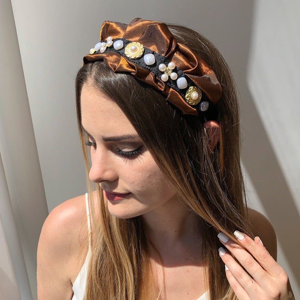 JMT-293386 Retro Style Imitation Pearl Press Hair Headband for Women, Fabric and Alloy, Available in Brown and Gray