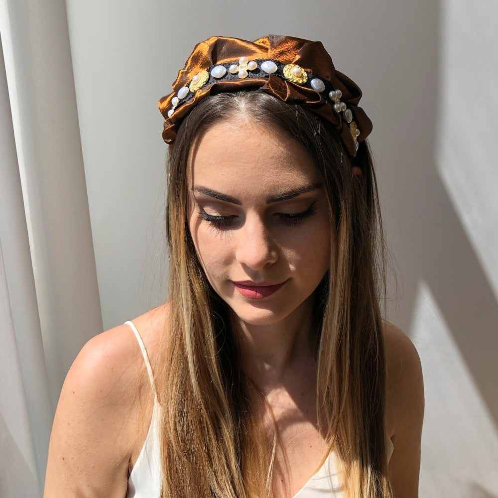 JMT-293386 Retro Style Imitation Pearl Press Hair Headband for Women, Fabric and Alloy, Available in Brown and Gray