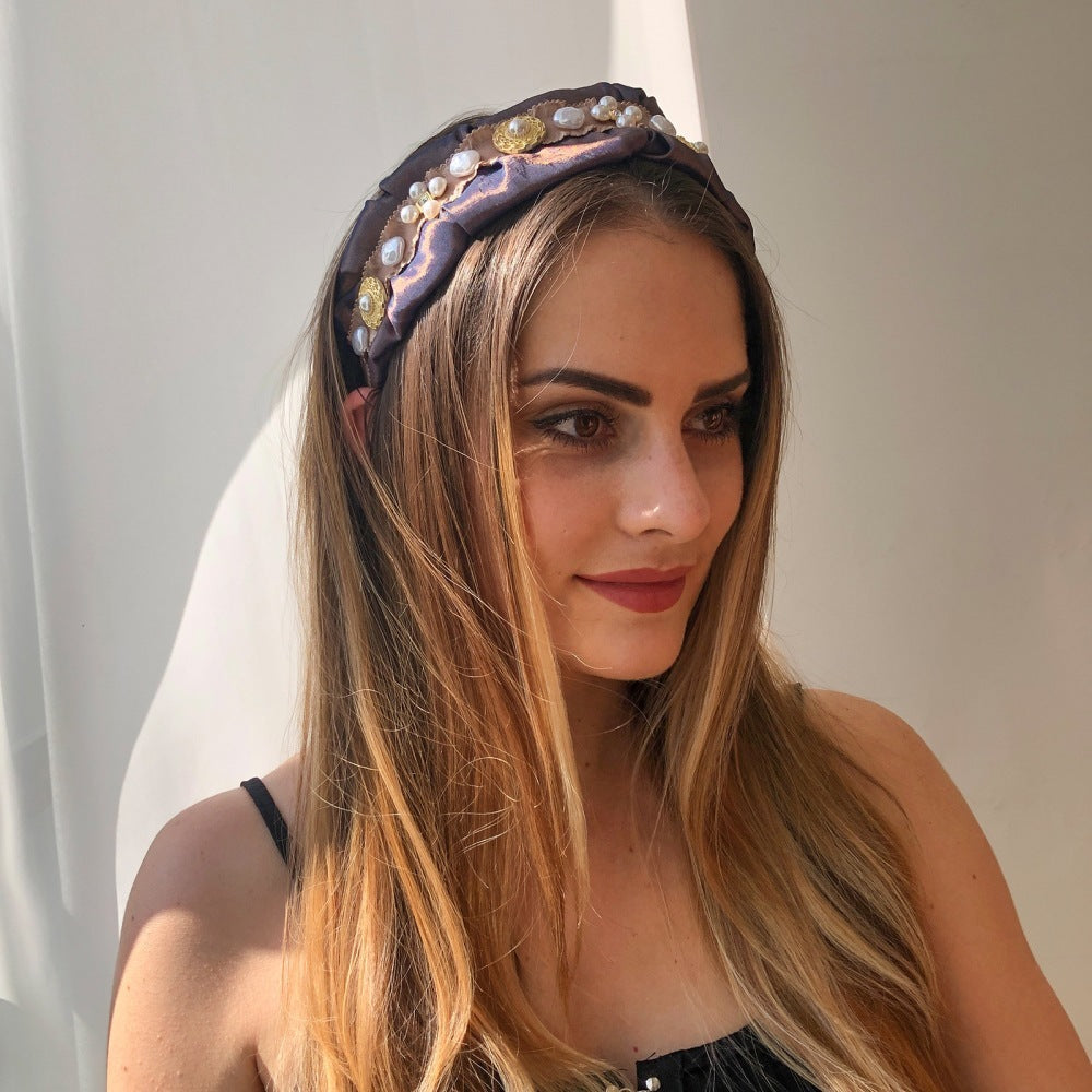JMT-293386 Retro Style Imitation Pearl Press Hair Headband for Women, Fabric and Alloy, Available in Brown and Gray