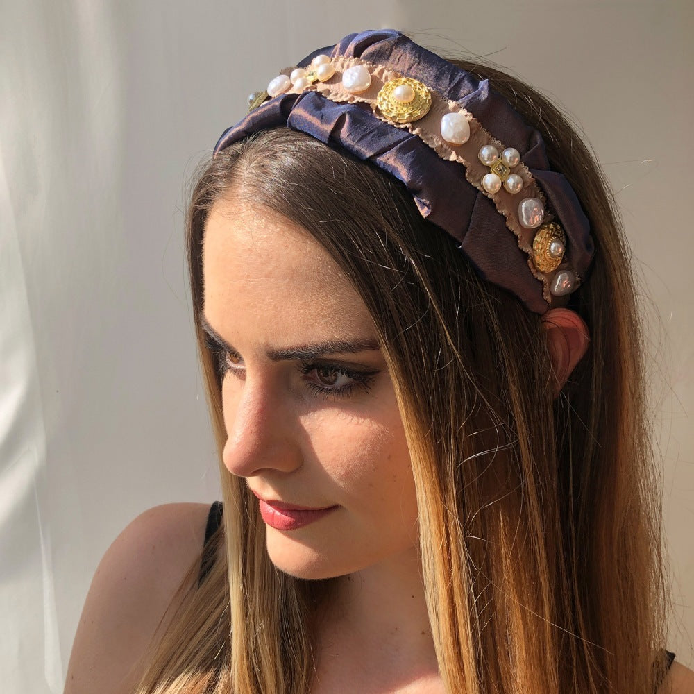 JMT-293386 Retro Style Imitation Pearl Press Hair Headband for Women, Fabric and Alloy, Available in Brown and Gray