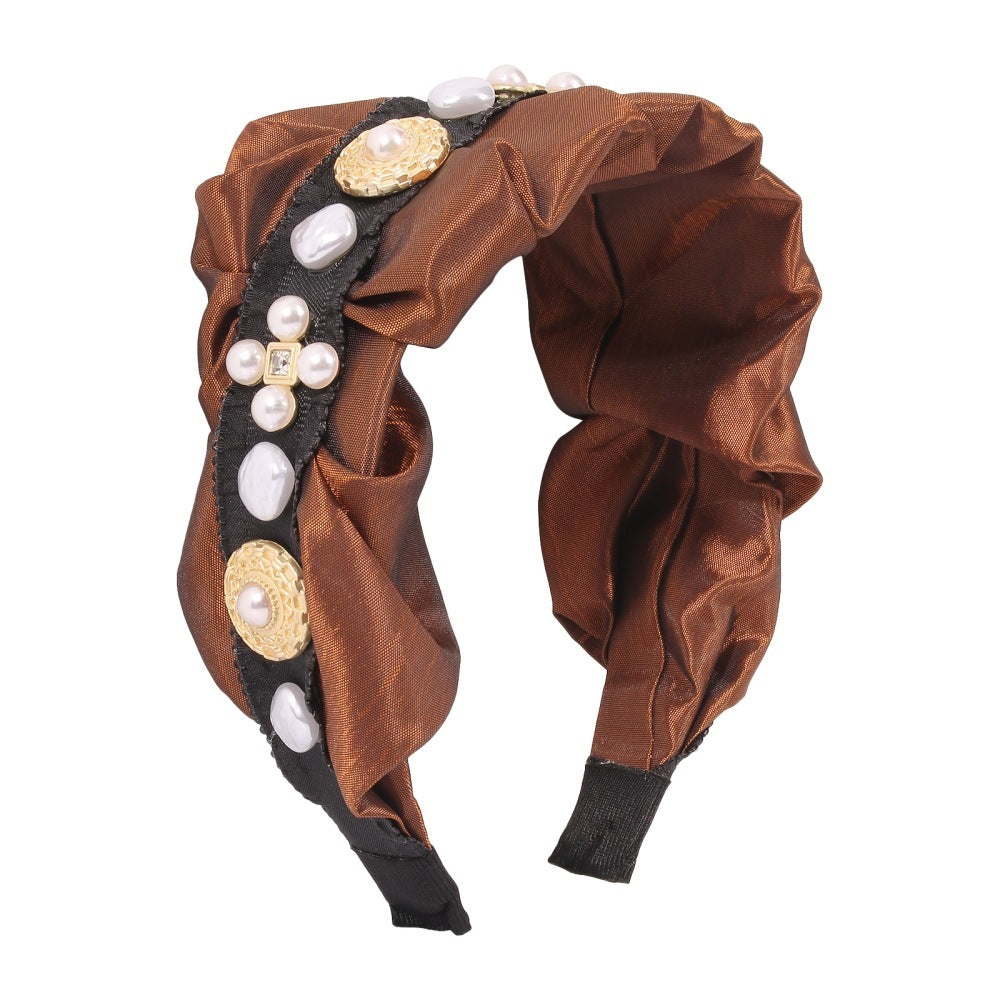 JMT-293386 Retro Style Imitation Pearl Press Hair Headband for Women, Fabric and Alloy, Available in Brown and Gray