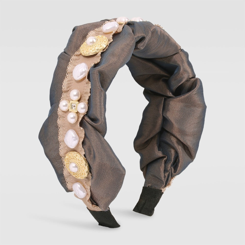 JMT-293386 Retro Style Imitation Pearl Press Hair Headband for Women, Fabric and Alloy, Available in Brown and Gray