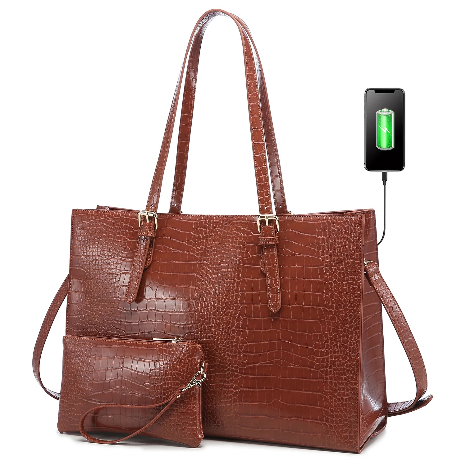 JMT-294730 Fashionable 2-Piece Laptop Tote Handbag Set for Women - Large Leather Shoulder Bags with Croc Design