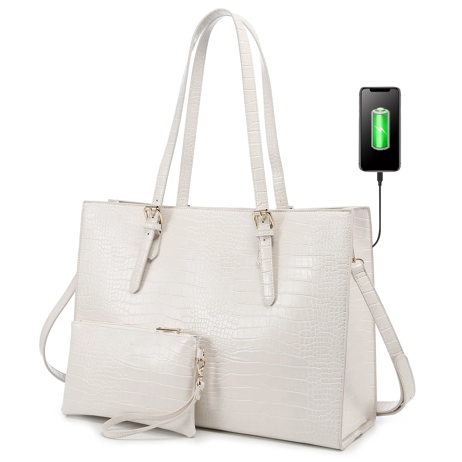 JMT-294730 Fashionable 2-Piece Laptop Tote Handbag Set for Women - Large Leather Shoulder Bags with Croc Design