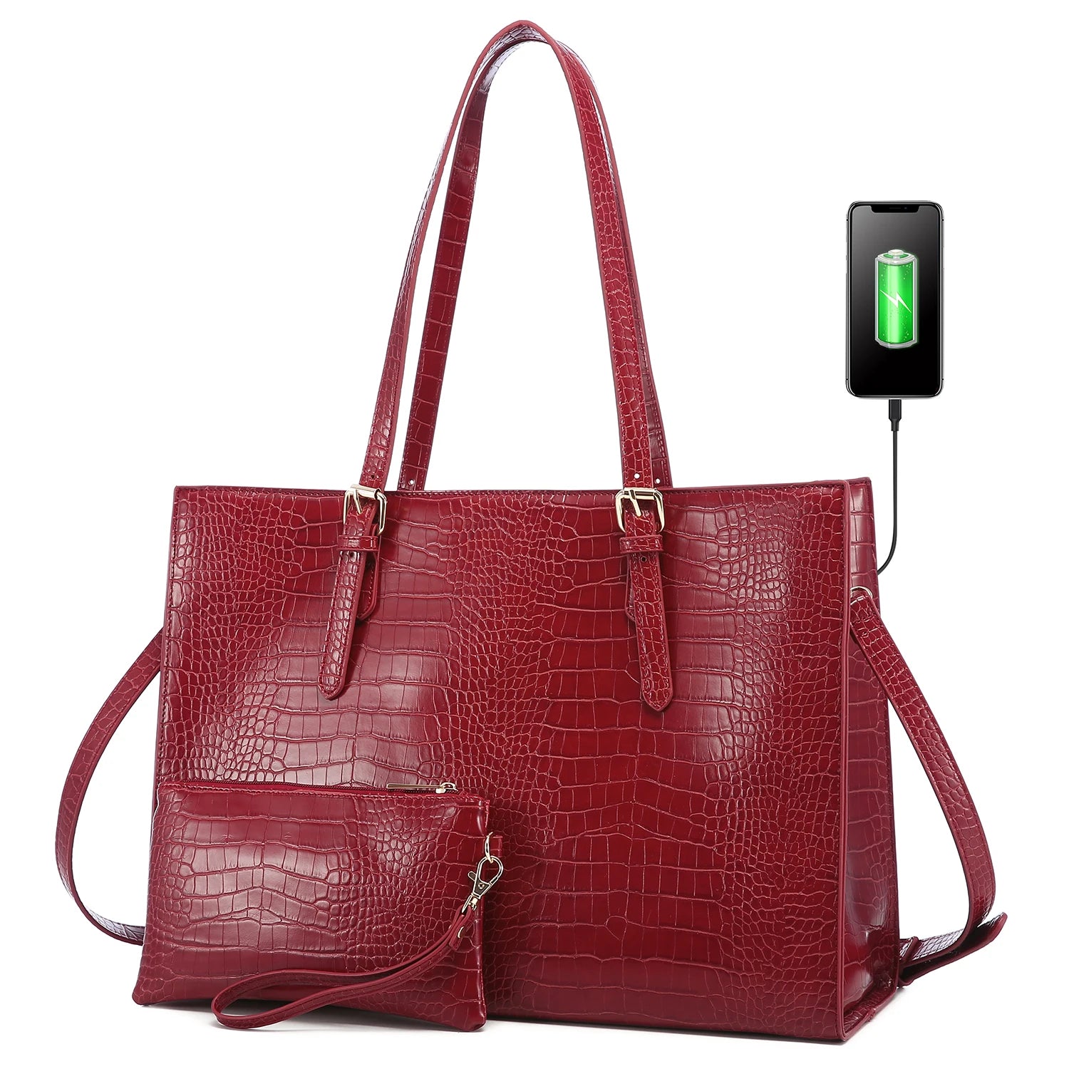JMT-294730 Fashionable 2-Piece Laptop Tote Handbag Set for Women - Large Leather Shoulder Bags with Croc Design