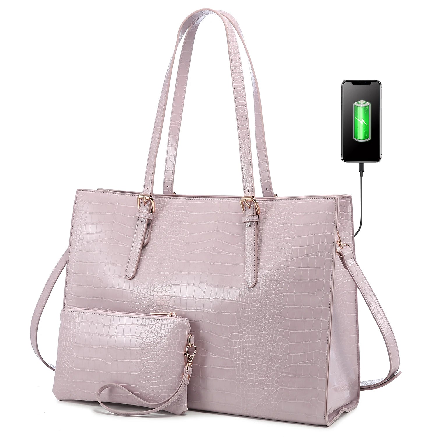 JMT-294730 Fashionable 2-Piece Laptop Tote Handbag Set for Women - Large Leather Shoulder Bags with Croc Design