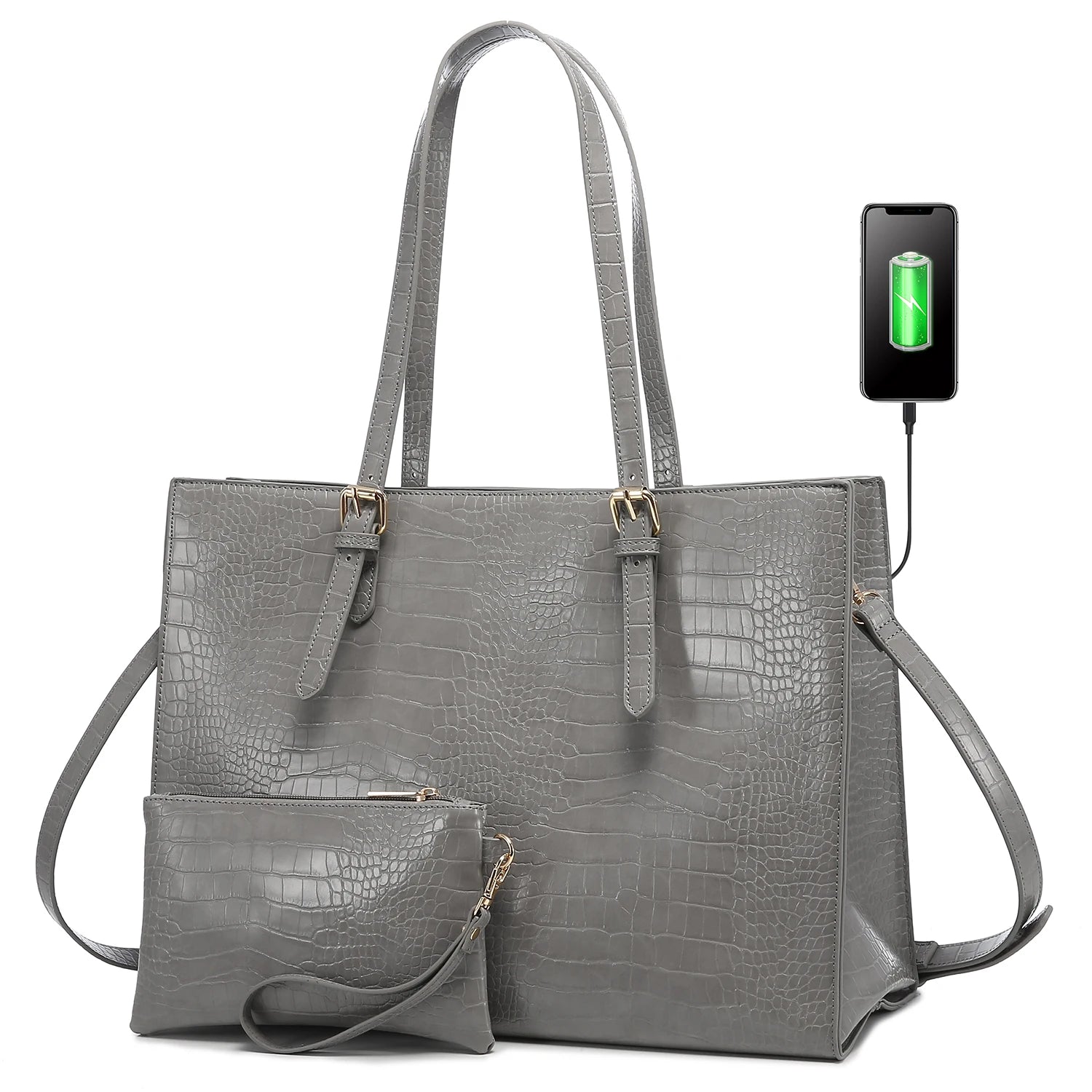 JMT-294730 Fashionable 2-Piece Laptop Tote Handbag Set for Women - Large Leather Shoulder Bags with Croc Design