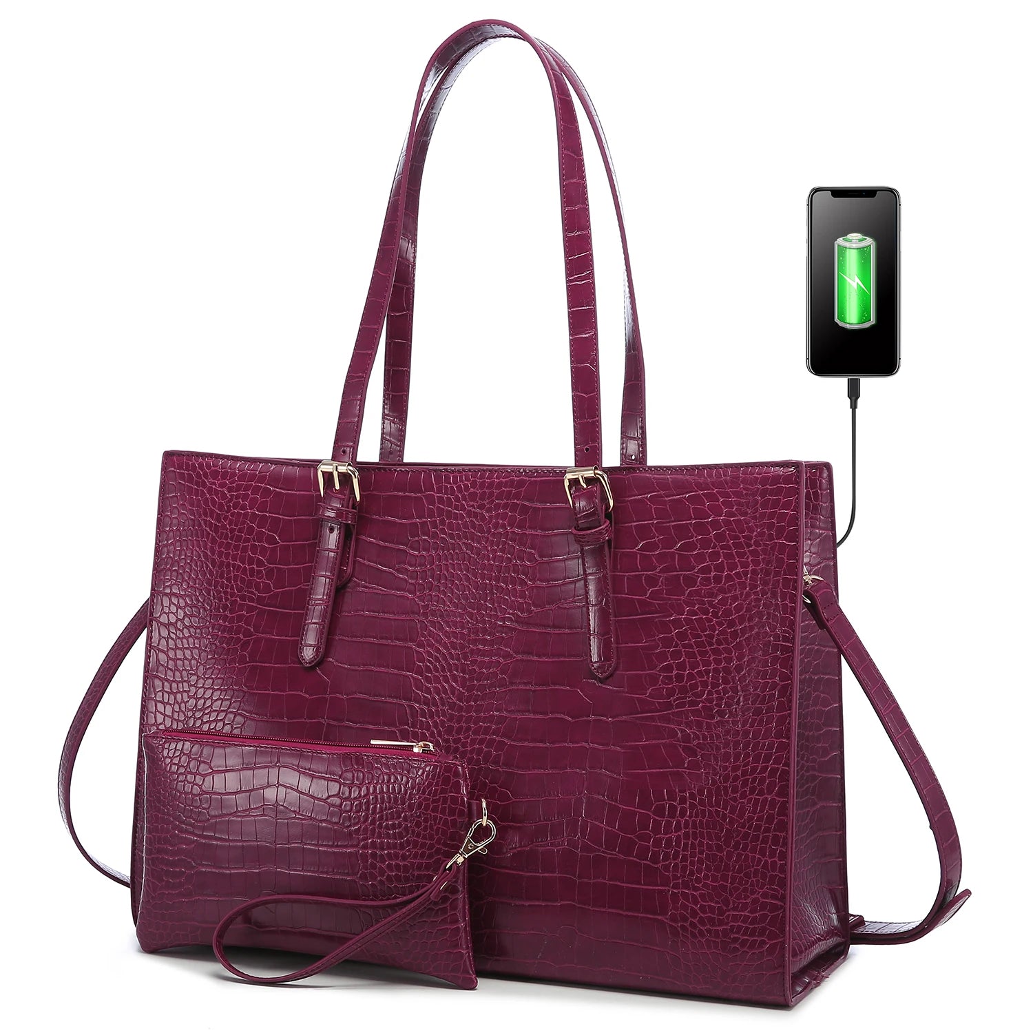 JMT-294730 Fashionable 2-Piece Laptop Tote Handbag Set for Women - Large Leather Shoulder Bags with Croc Design