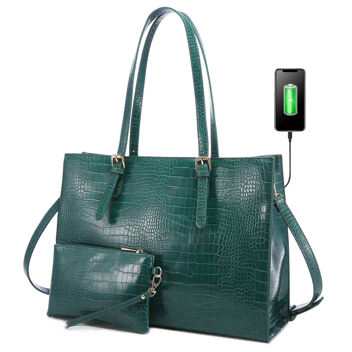 JMT-294730 Fashionable 2-Piece Laptop Tote Handbag Set for Women - Large Leather Shoulder Bags with Croc Design