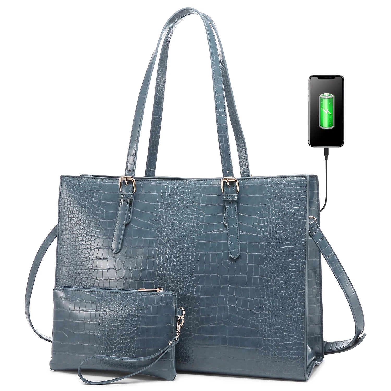 JMT-294730 Fashionable 2-Piece Laptop Tote Handbag Set for Women - Large Leather Shoulder Bags with Croc Design