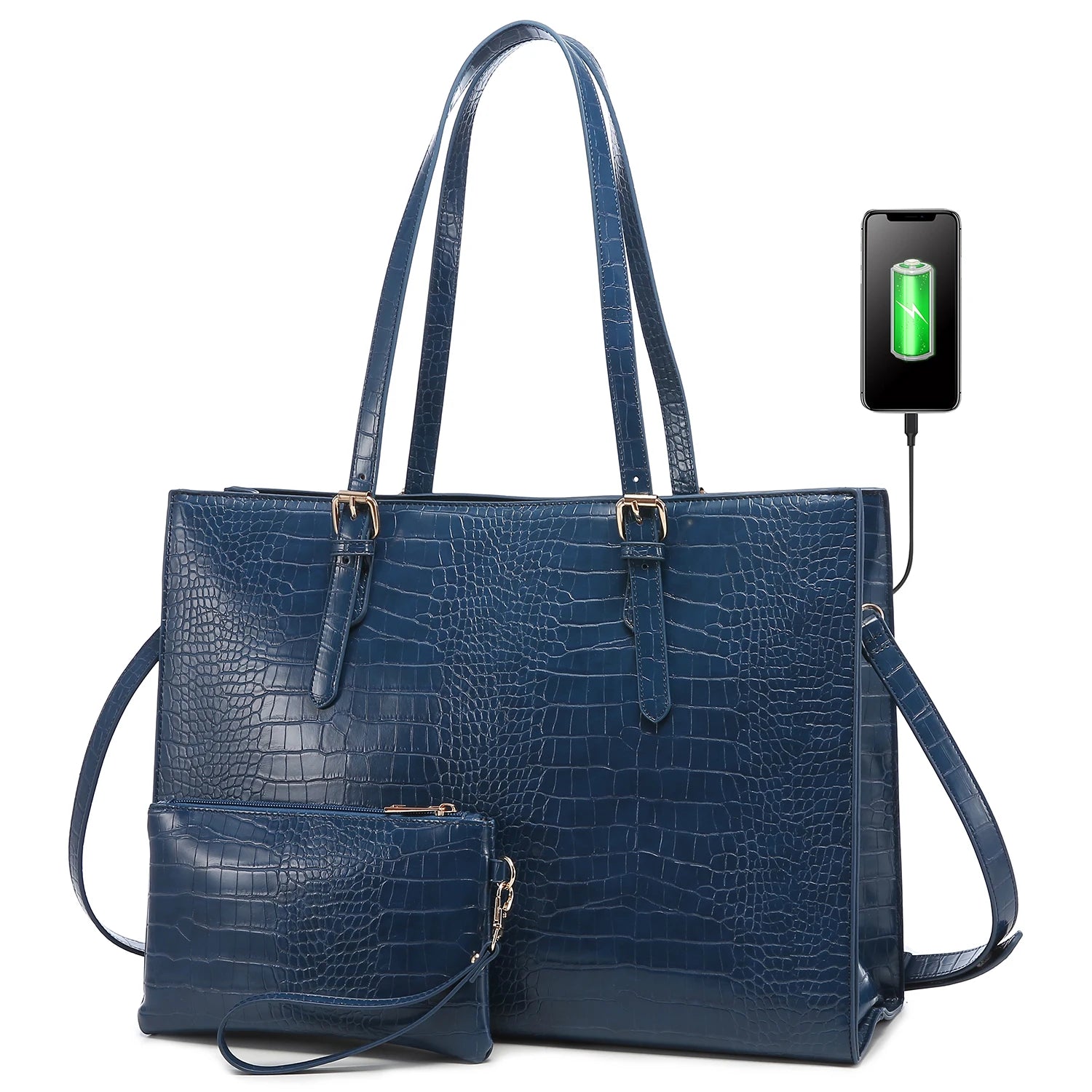 JMT-294730 Fashionable 2-Piece Laptop Tote Handbag Set for Women - Large Leather Shoulder Bags with Croc Design