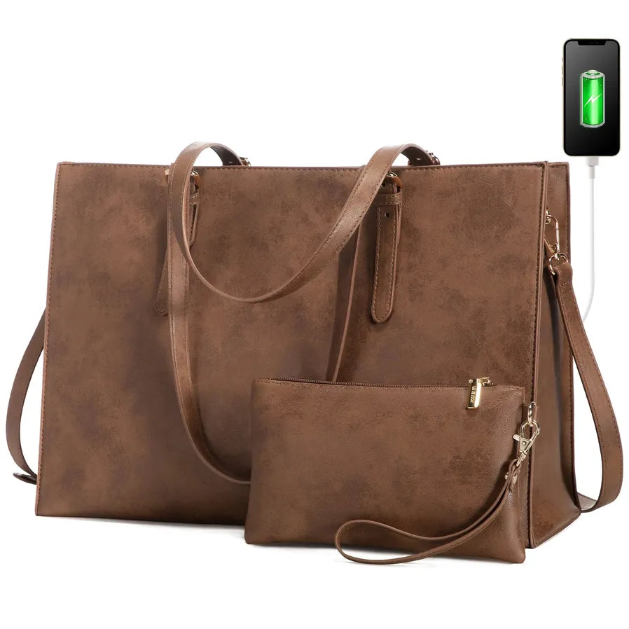 JMT-294730 Fashionable 2-Piece Laptop Tote Handbag Set for Women - Large Leather Shoulder Bags with Croc Design