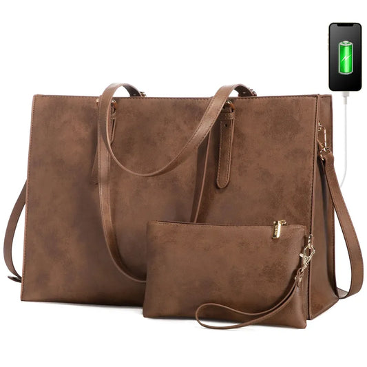 JMT-294730 Fashionable 2-Piece Laptop Tote Handbag Set for Women - Large Leather Shoulder Bags with Croc Design