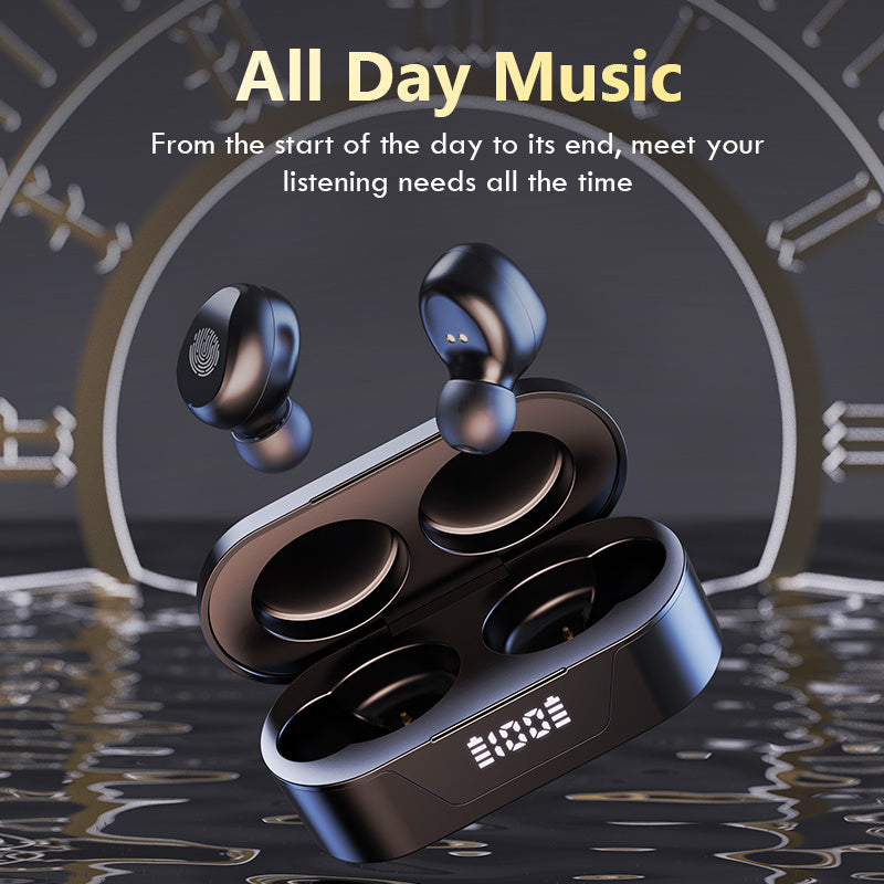 JMT-296138 Mini Bluetooth Earbuds with Battery Display and Touch Control, Stereo Sound, Voice Control, NFC, and Multi-Point Connection, Classic Black or White