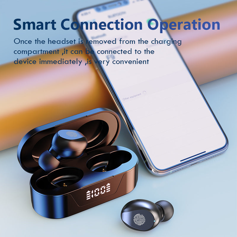 JMT-296138 Mini Bluetooth Earbuds with Battery Display and Touch Control, Stereo Sound, Voice Control, NFC, and Multi-Point Connection, Classic Black or White
