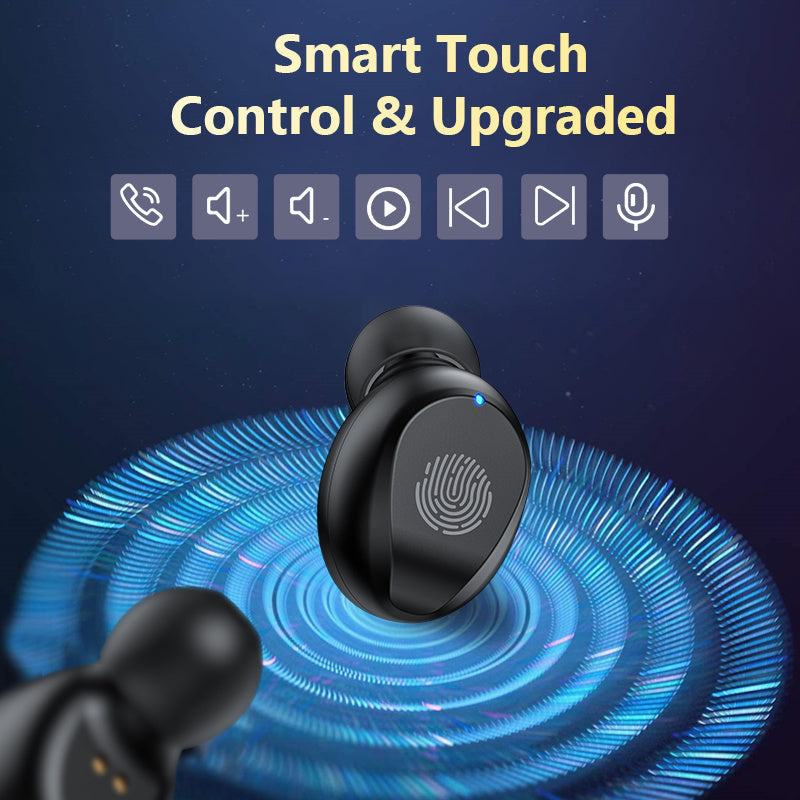 JMT-296138 Mini Bluetooth Earbuds with Battery Display and Touch Control, Stereo Sound, Voice Control, NFC, and Multi-Point Connection, Classic Black or White