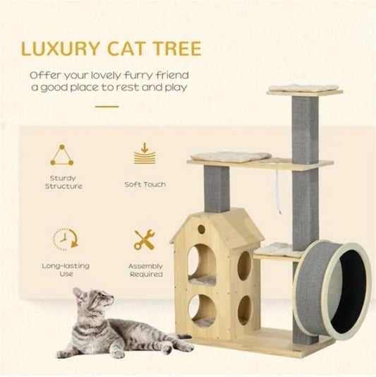 JMT-296458 Cozy Cat Tree with Double House, Running Wheel, and Plush Cushions for Cats Under 11 lbs