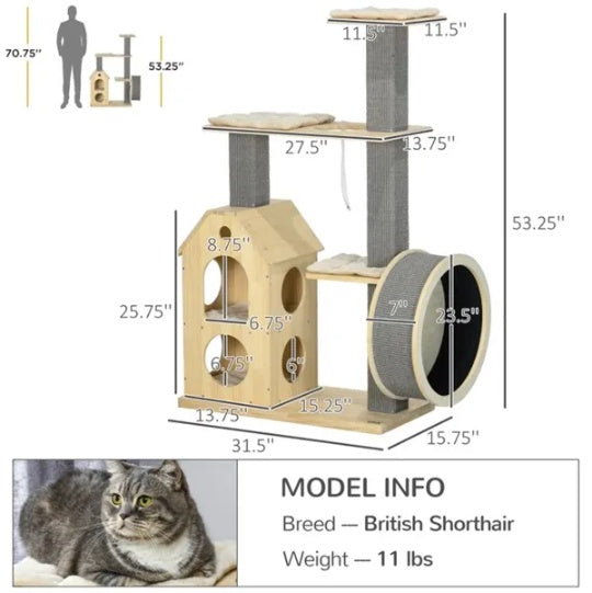 JMT-296458 Cozy Cat Tree with Double House, Running Wheel, and Plush Cushions for Cats Under 11 lbs