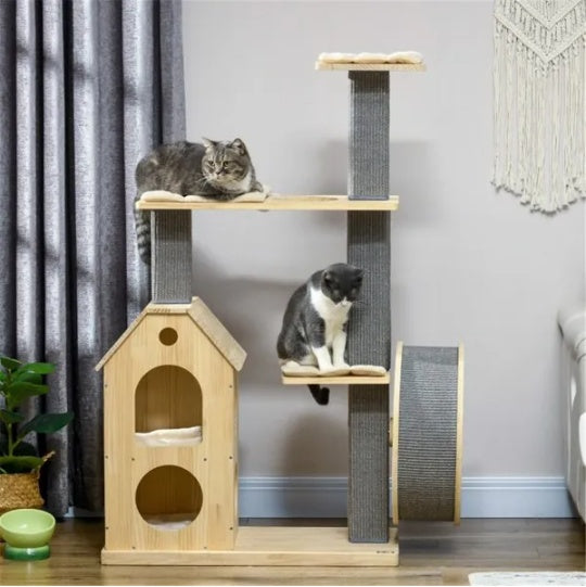 JMT-296458 Cozy Cat Tree with Double House, Running Wheel, and Plush Cushions for Cats Under 11 lbs