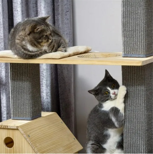 JMT-296458 Cozy Cat Tree with Double House, Running Wheel, and Plush Cushions for Cats Under 11 lbs