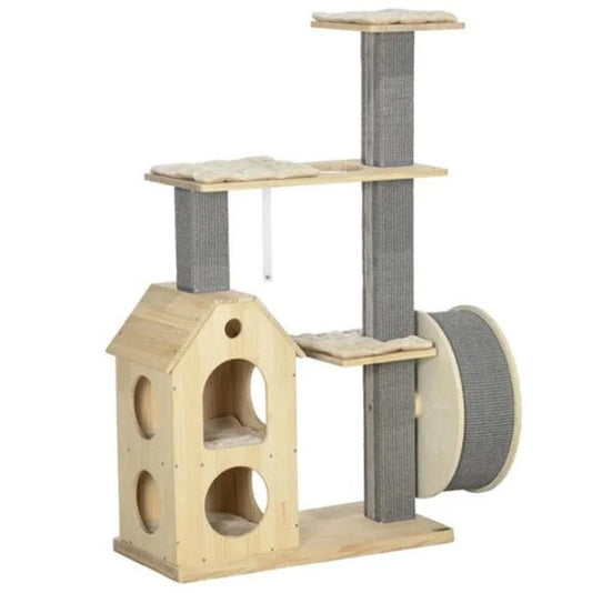 JMT-296458 Cozy Cat Tree with Double House, Running Wheel, and Plush Cushions for Cats Under 11 lbs