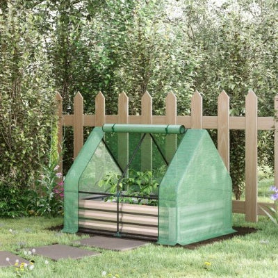 JMT-298314 Galvanized Raised Garden Bed with Mini Greenhouse Cover and Roll-Up Windows for Growing Plants, 50 x 37.5 x 36.25 Inches, Green
