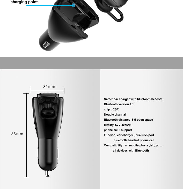 JMT-298442 Wireless Bluetooth Headset with Dual USB Charging Compartment for Cars
