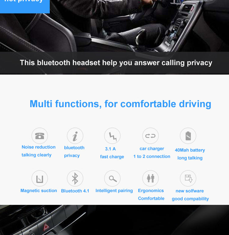 JMT-298442 Wireless Bluetooth Headset with Dual USB Charging Compartment for Cars