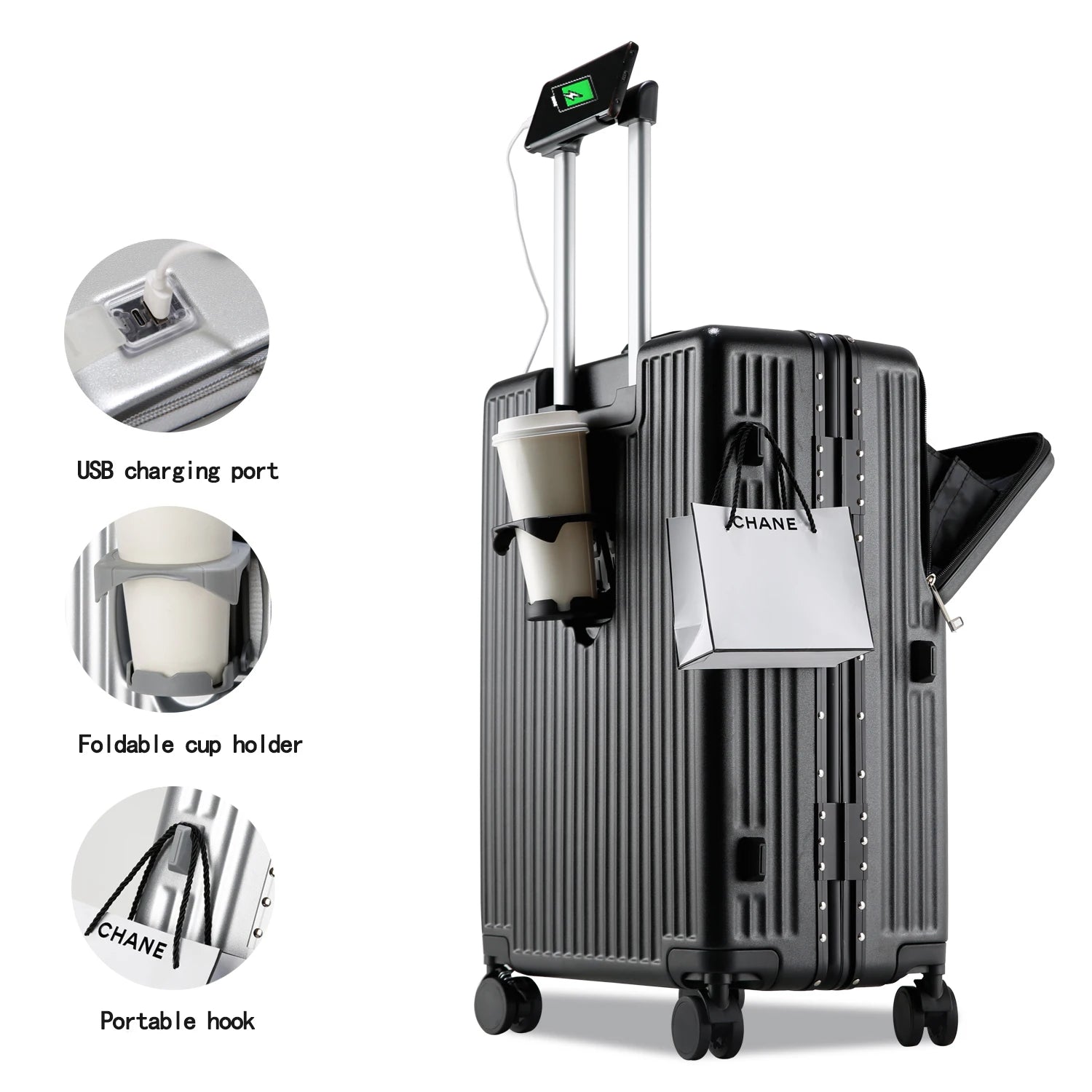 JMT-299338 Compact 20-Inch Modern Carry-On Suitcase with Cup Holder and Lightweight PC & ABS Design