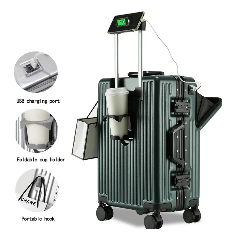 JMT-299338 Compact 20-Inch Modern Carry-On Suitcase with Cup Holder and Lightweight PC & ABS Design