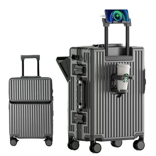 JMT-299338 Compact 20-Inch Modern Carry-On Suitcase with Cup Holder and Lightweight PC & ABS Design