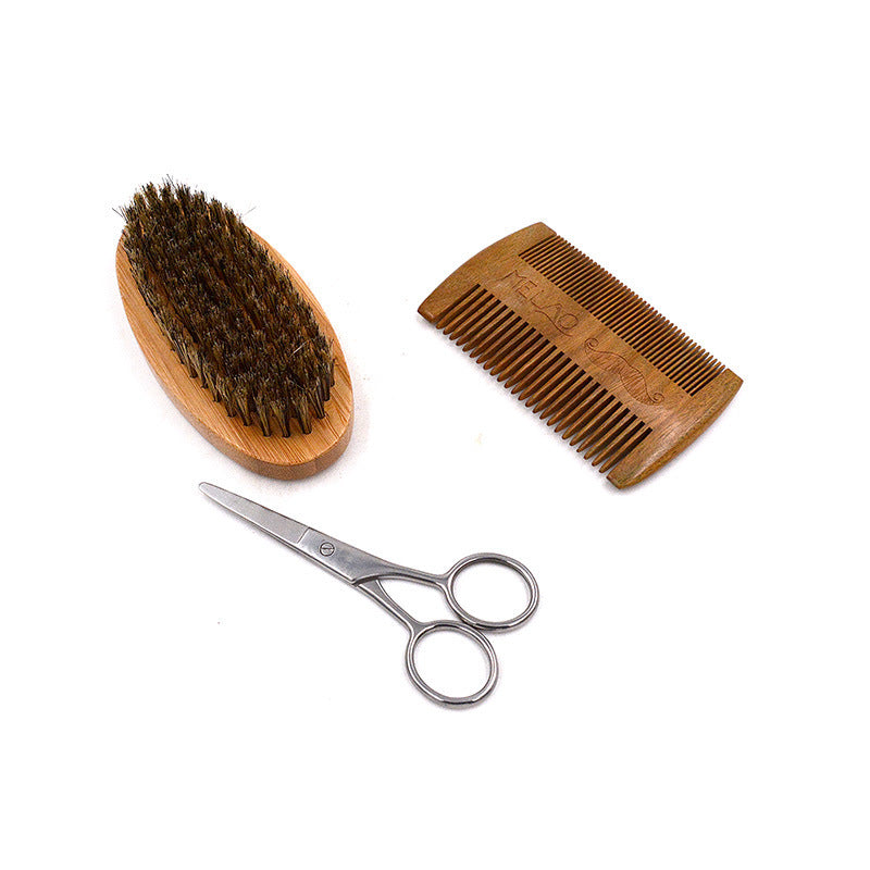 JMT-299594 Six-Piece Natural Beard Care Set with Oil, Cream, Brush, Comb, Shears, and Bag