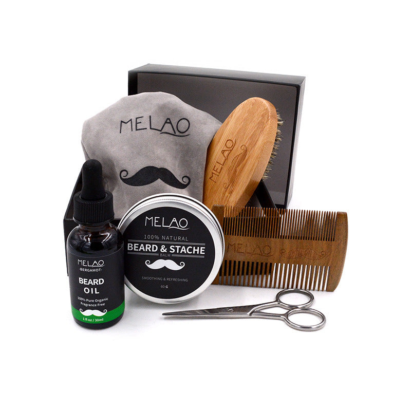 JMT-299594 Six-Piece Natural Beard Care Set with Oil, Cream, Brush, Comb, Shears, and Bag