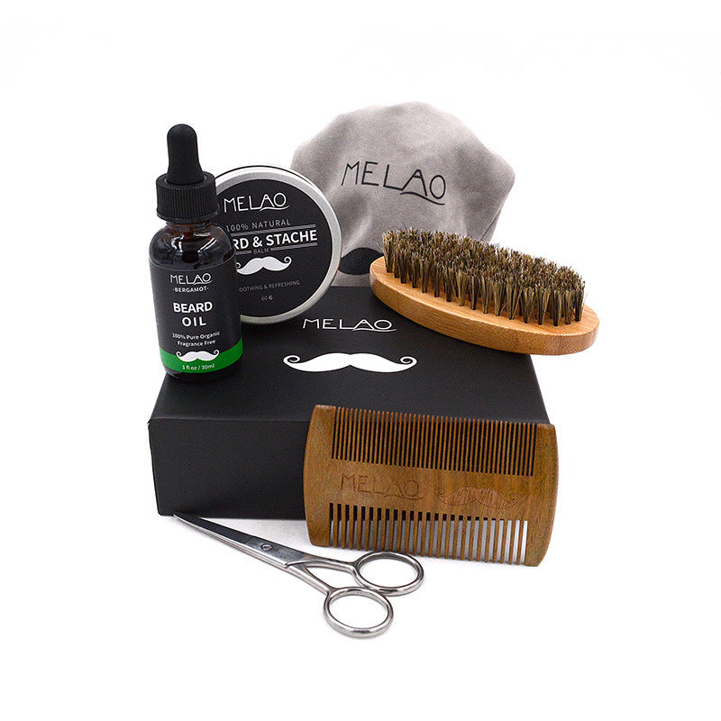 JMT-299594 Six-Piece Natural Beard Care Set with Oil, Cream, Brush, Comb, Shears, and Bag