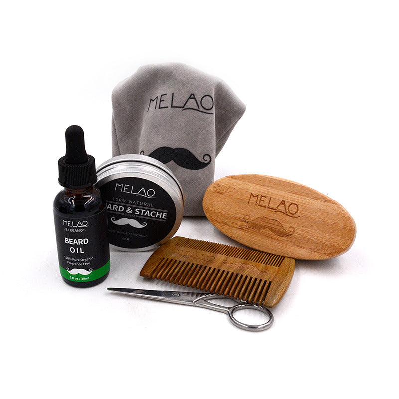 JMT-299594 Six-Piece Natural Beard Care Set with Oil, Cream, Brush, Comb, Shears, and Bag