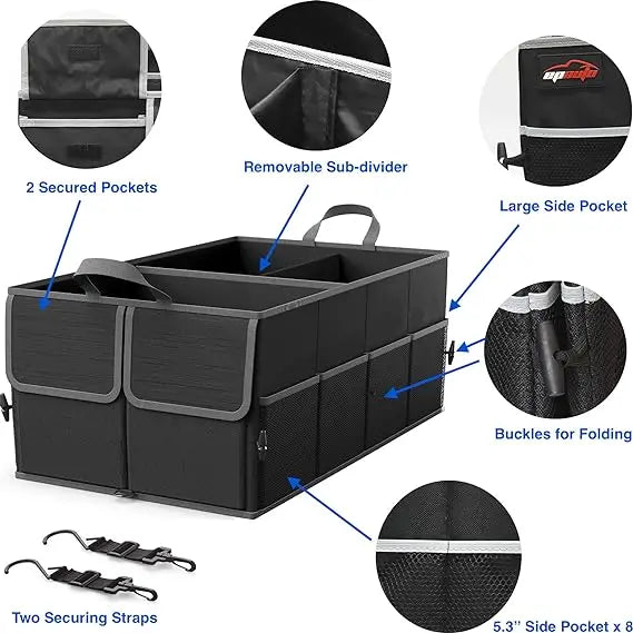 JMT-300234 Collapsible 3-Compartment Car Trunk Organiser for Efficient Vehicle Storage