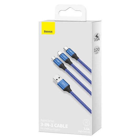 JMT-300938 3-in-1 Rapid Charging Cable for USB, Micro USB, Lightning & Type-C Devices - 1.2m, Dark Blue