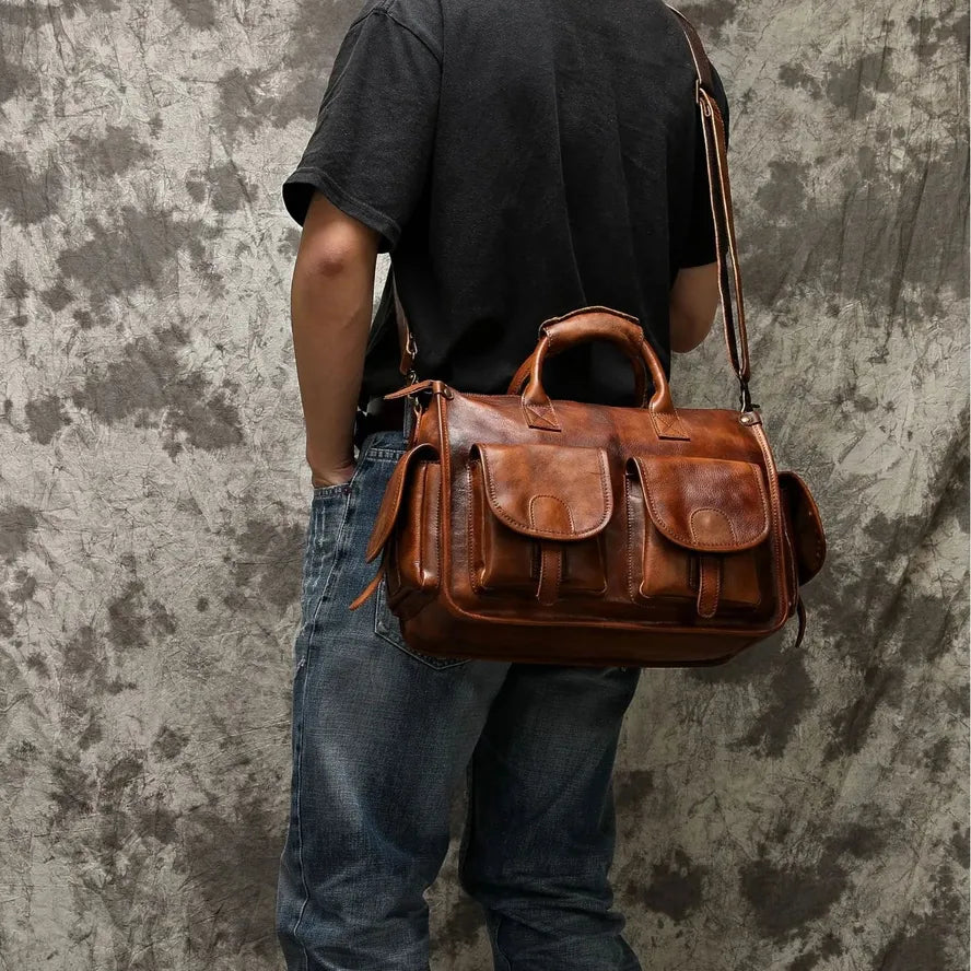 JMT-301514 Vintage Cowhide Men's Crossbody Bag in Vegetable Tanned Leather, Large Capacity