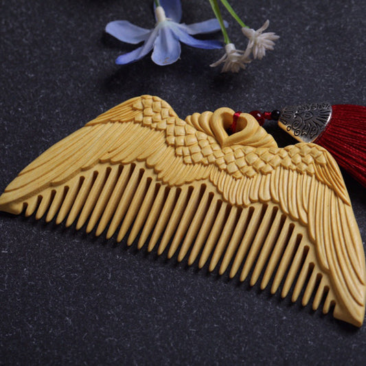 JMT-302282 Angel Wings Pattern Carved Boxwood Comb - Hand Polished Wooden Hair Tool in Three Packaging Options
