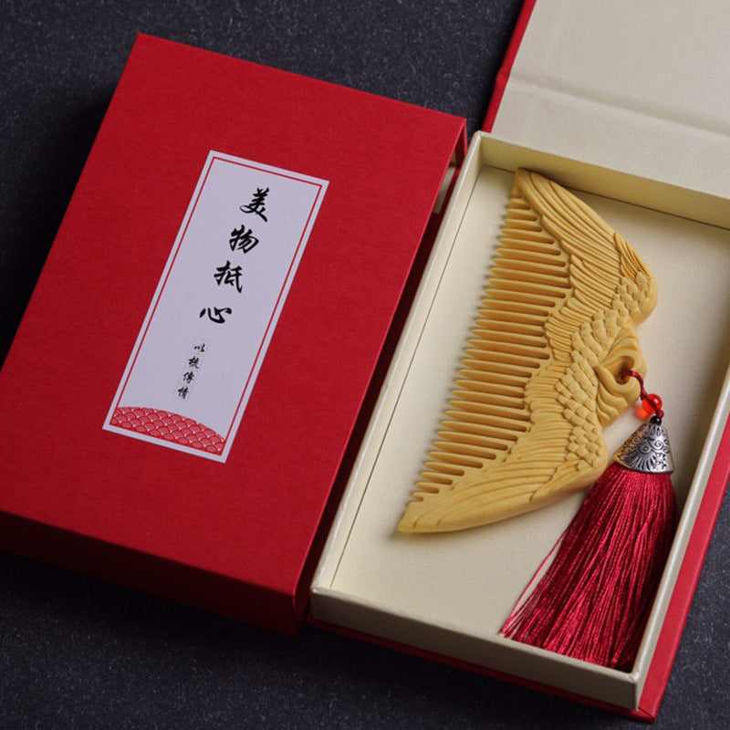 JMT-302282 Angel Wings Pattern Carved Boxwood Comb - Hand Polished Wooden Hair Tool in Three Packaging Options
